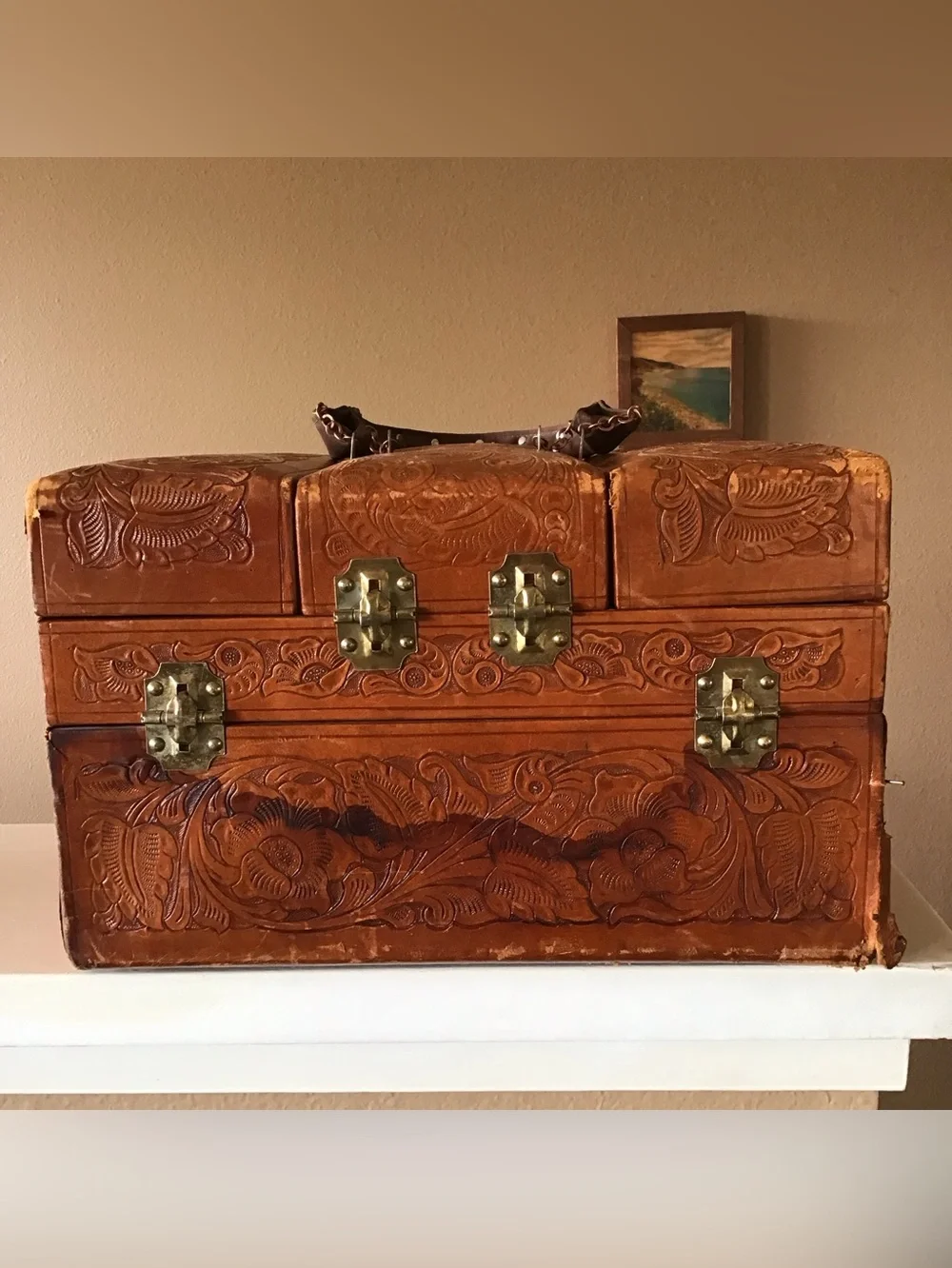 Vintage Tooled Leather Mexican Travel Vanity Train Case